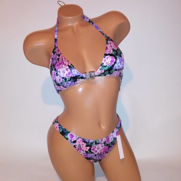 Victoria Secret Swim Bikini Medium Top & Bottom Black Floral Bling Logo Center T - Picture 1 of 16